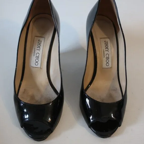 Women Jimmy Choo Baxen Black Patent Leather Peep Toe Wedge Pumps Heels 36 US/6